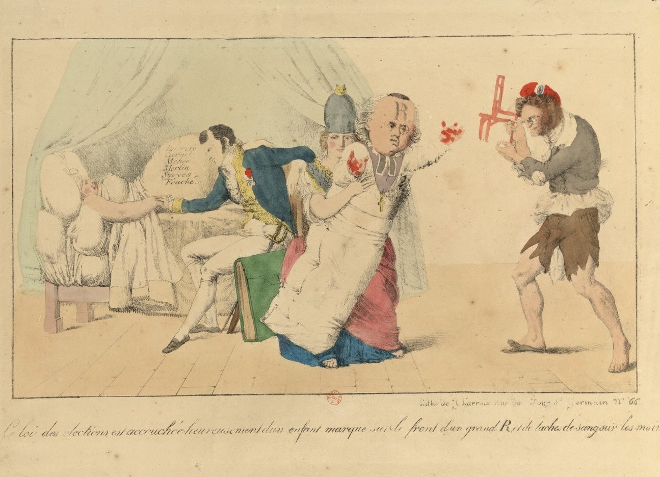 La loi des élections est accouchée heureusement d'un enfant marqué sur le front d'un grand R et de taches de sang sur les mains (estampe, 1819) La loi des élections est accouchée heureusement d'un enfant marqué sur le front d'un grand R et de taches de sang sur les mains (estampe, 1819)