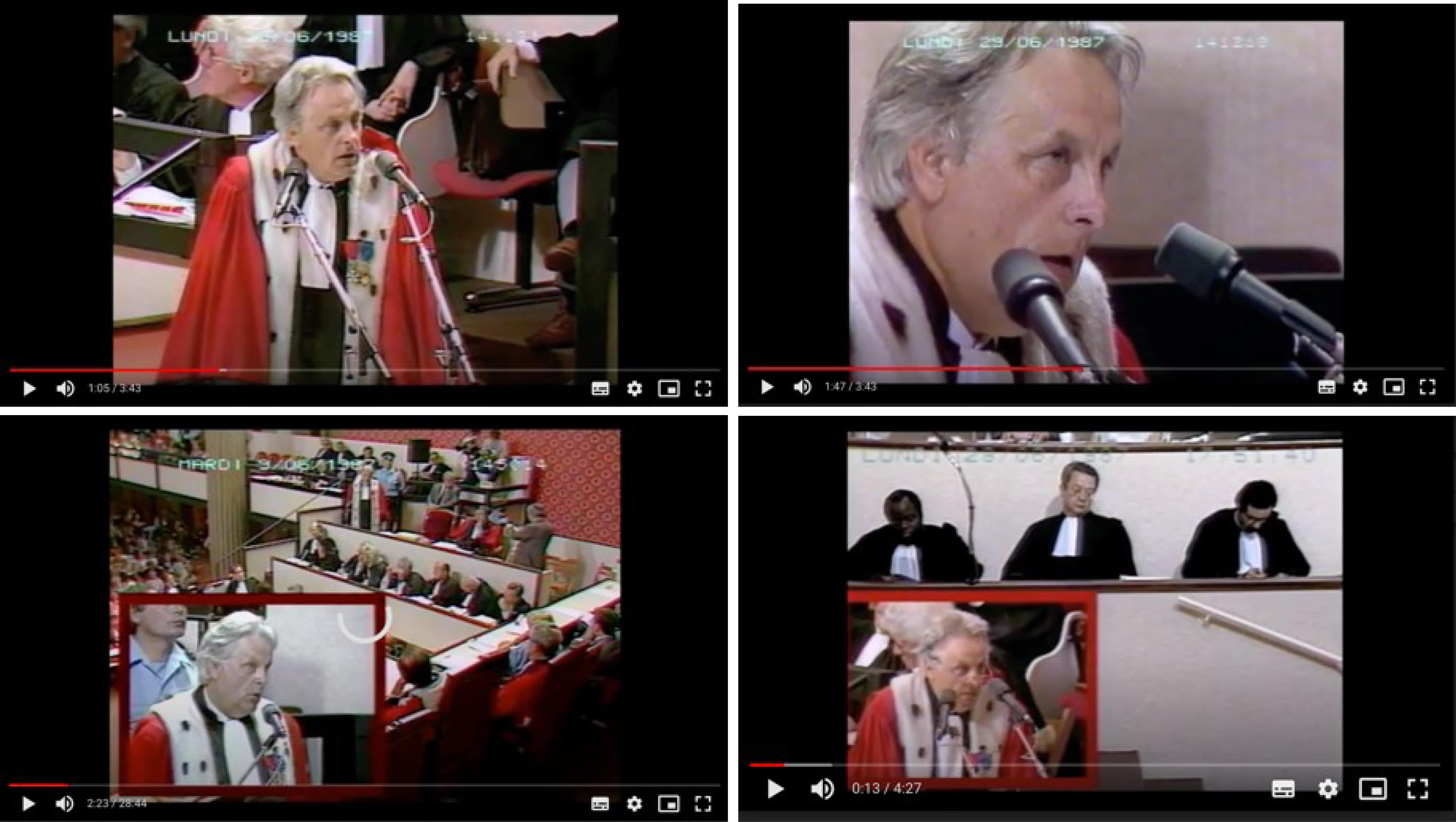 Procès Barbie. Gros plan et insertion de l’avocat général Truche pendant le réquisitoire (bancs de la défense). Procès Barbie. Gros plan et insertion de l’avocat général Truche pendant le réquisitoire (bancs de la défense).
