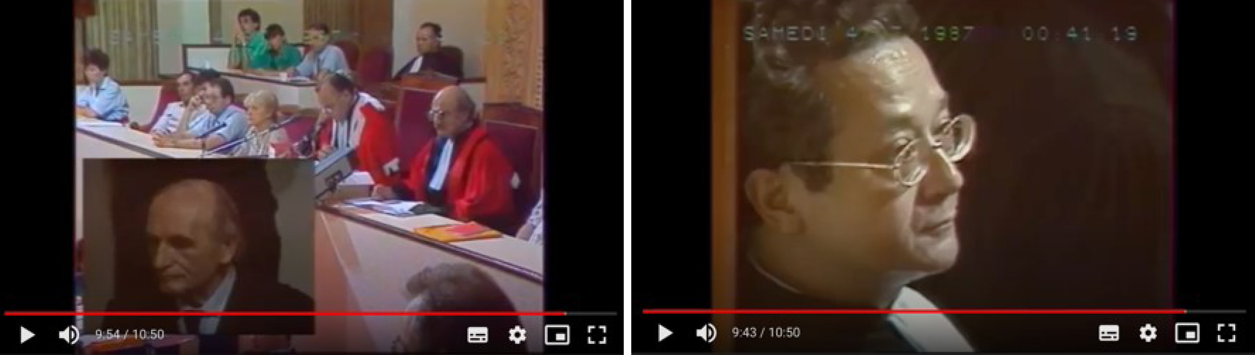 Procès Barbie. Pendant la lecture du verdict de la cour d’assises, gros plan sur Jacques Vergès, avocat de la défense, et insertion en gros plan de Klaus Barbie. Procès Barbie. Pendant la lecture du verdict de la cour d’assises, gros plan sur Jacques Vergès, avocat de la défense, et insertion en gros plan de Klaus Barbie.