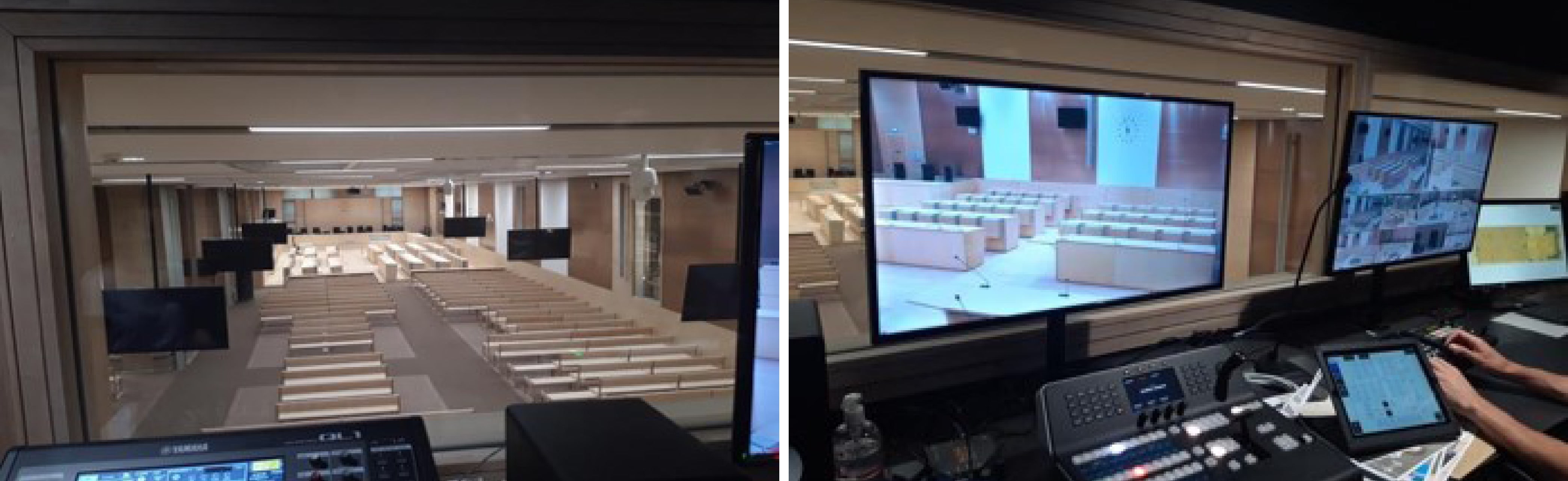 La régie, située dans une mezzanine autonome en fond de salle d’audience. © Romane Gorce La régie, située dans une mezzanine autonome en fond de salle d’audience. © Romane Gorce
