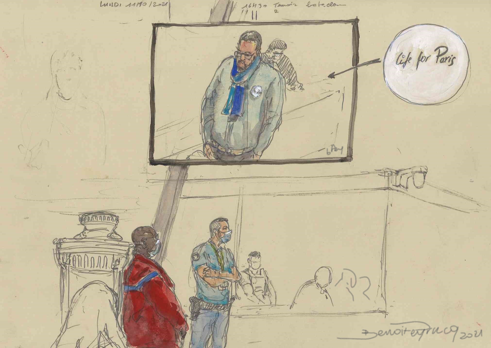Une partie civile à la barre, vue depuis l’écran ajouté au-dessus du box des accusés, procès V13. © Benoît Peyrucq Une partie civile à la barre, vue depuis l’écran ajouté au-dessus du box des accusés, procès V13. © Benoît Peyrucq