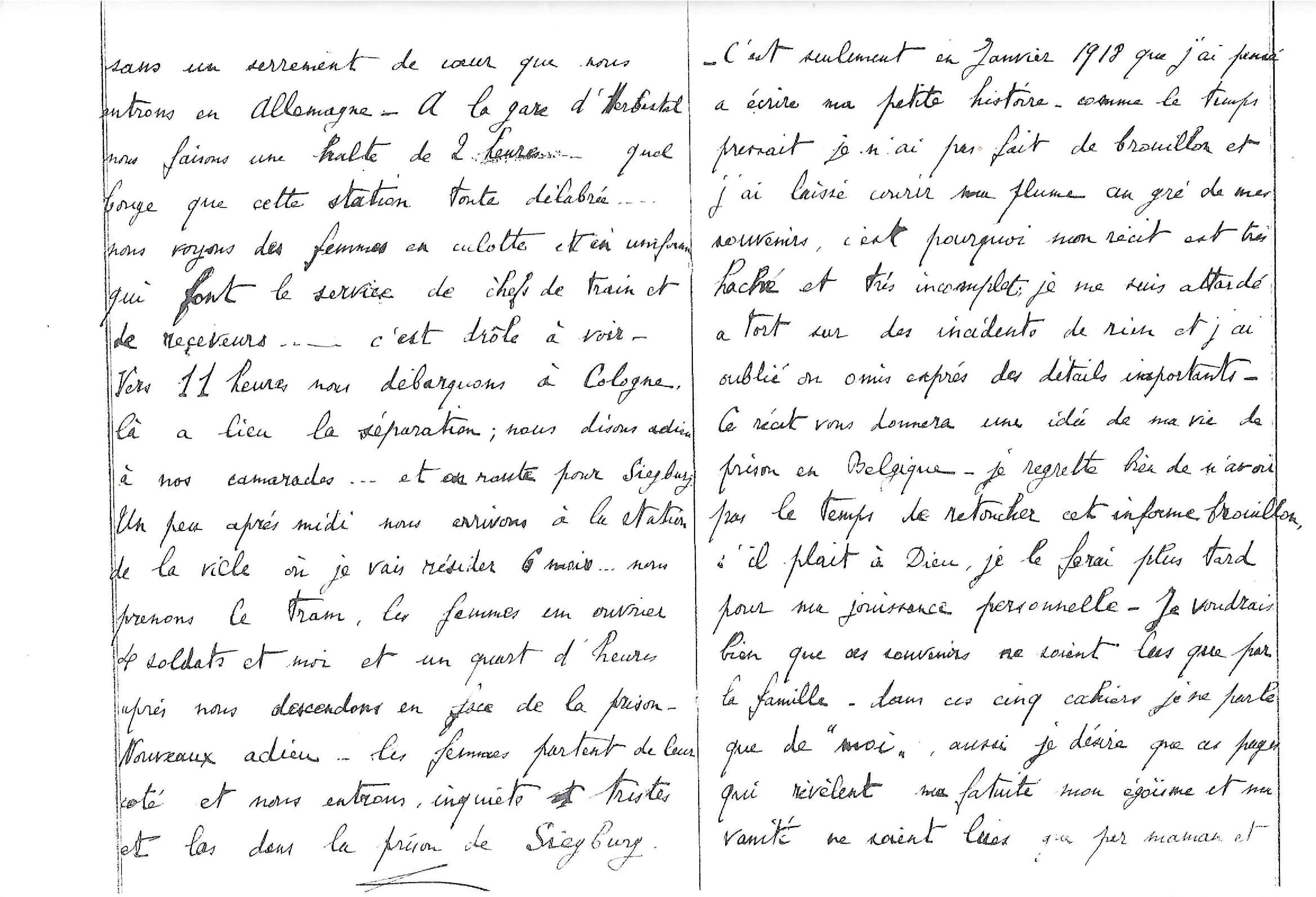 Reproduction de la dernière page du « journal de guerre », rédigé par François d’Ursel à la prison de Siegburg, 1918 (Archives familiales privées) Reproduction de la dernière page du « journal de guerre », rédigé par François d’Ursel à la prison de Siegburg, 1918 (Archives familiales privées)