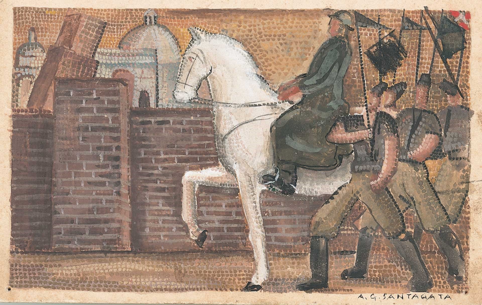 La marcia su Roma di Mussolini, bozzetto preparatorio del pannello musivo di Antonio Giuseppe Santagata, Ines Morigi, Antonio Rocchi, Renato Signorini, Casa del mutilato, Ravenna, s. d., 1940-1941.