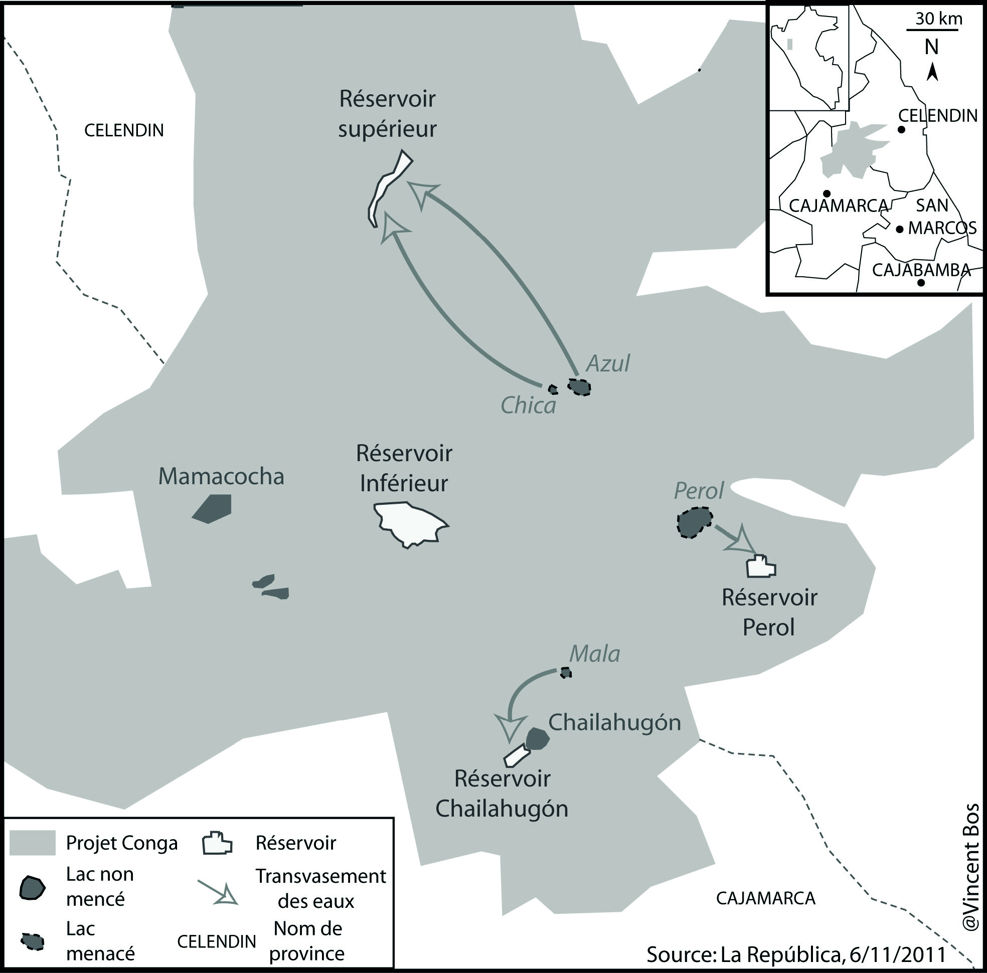Vue partielle du projet Conga (Pérou), localisation des lacs et réservoirs en dispute Vue partielle du projet Conga (Pérou), localisation des lacs et réservoirs en dispute