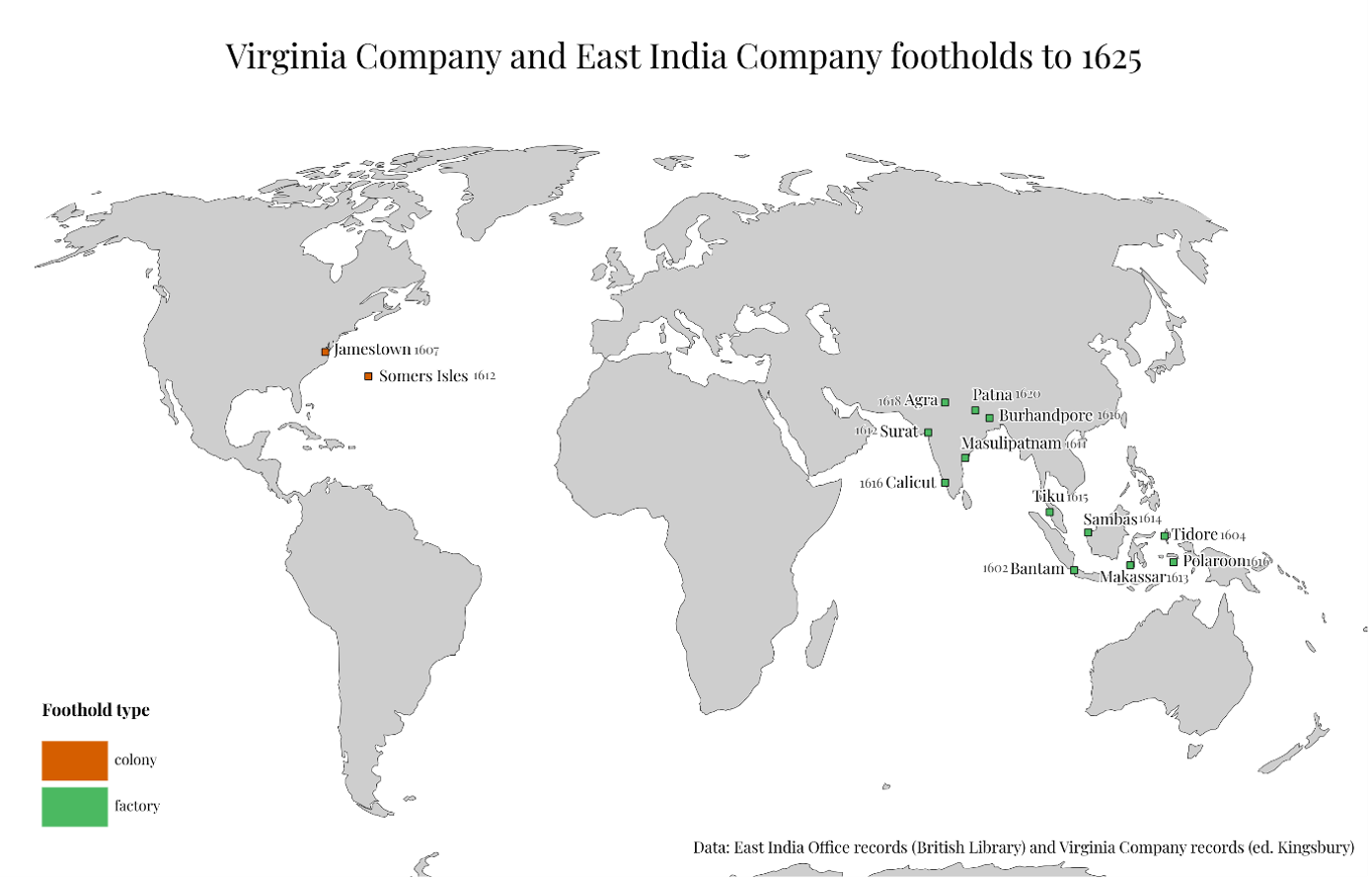Carte représentant l’implantation commerciale et coloniale anglaise en Asie et en Amérique durant le premier quart du XVIIe siècle 
