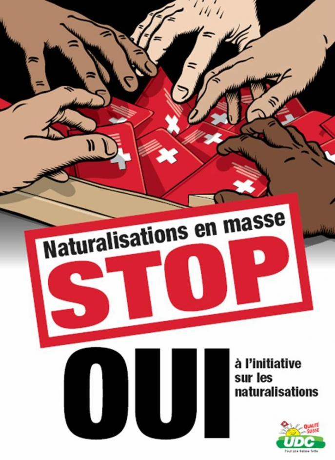 Poster for the Swiss referendum campaign "For Democratic Naturalisations", launched on 1 June 2008 by the UDC. Poster for the Swiss referendum campaign "For Democratic Naturalisations", launched on 1 June 2008 by the UDC.
