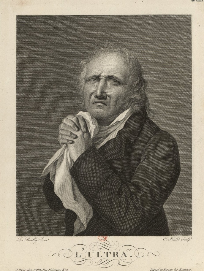 L'Ultra à mi-corps, pleure sa défaite aux élections d'octobre 1818 et le triomphe du parti libéral  (estampe, 1818)