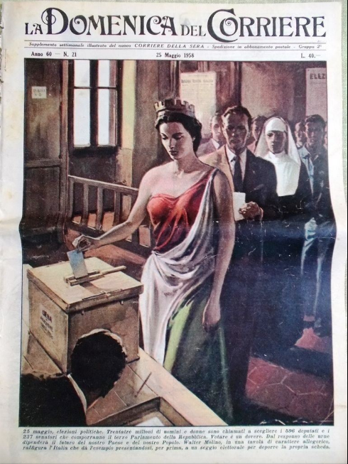 Domenica del Corriere, élections du parlement et du sénat du 25 mai 1958. Domenica del Corriere, élections du parlement et du sénat du 25 mai 1958.