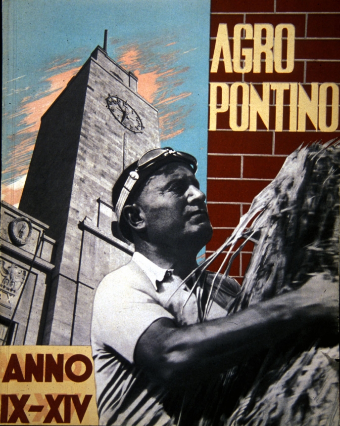Mussolini on ORSI thresher on 9 July 1934, collage on cover of propaganda volume