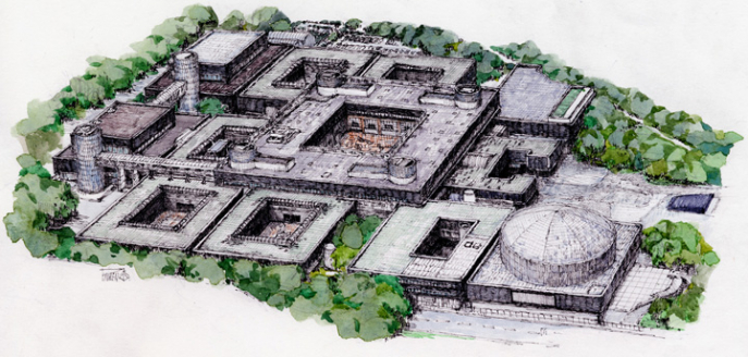 Dessin d’une vue aérienne du Minpaku, 2016 Dessin d’une vue aérienne du Minpaku, 2016