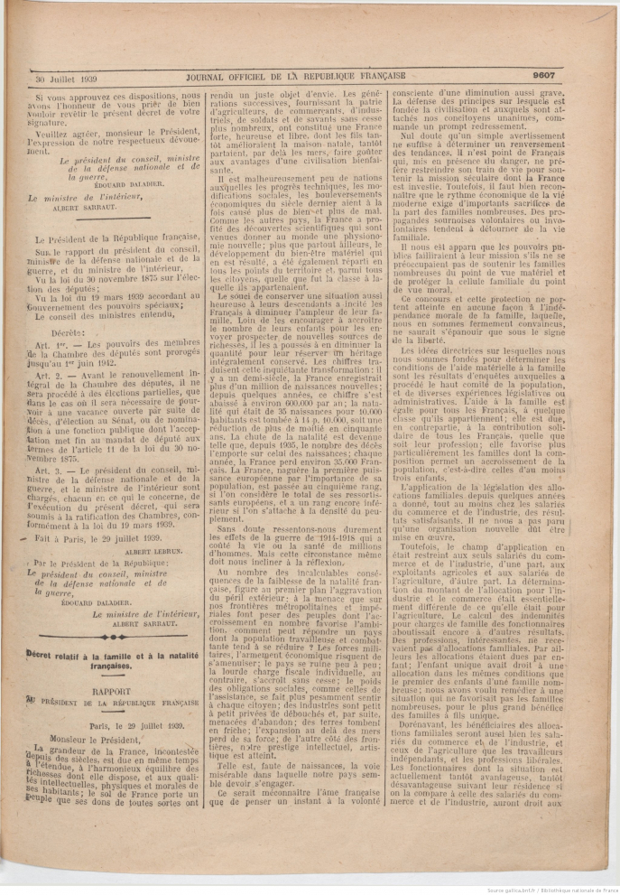 Décret du 29 Juillet 1939, relatif à la famille et à la natalité française