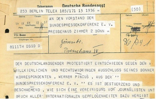 Télégramme de protestation de la télévision publique de la RDA Deutschlandsender (15 septembre 1961) Télégramme de protestation de la télévision publique de la RDA Deutschlandsender (15 septembre 1961)