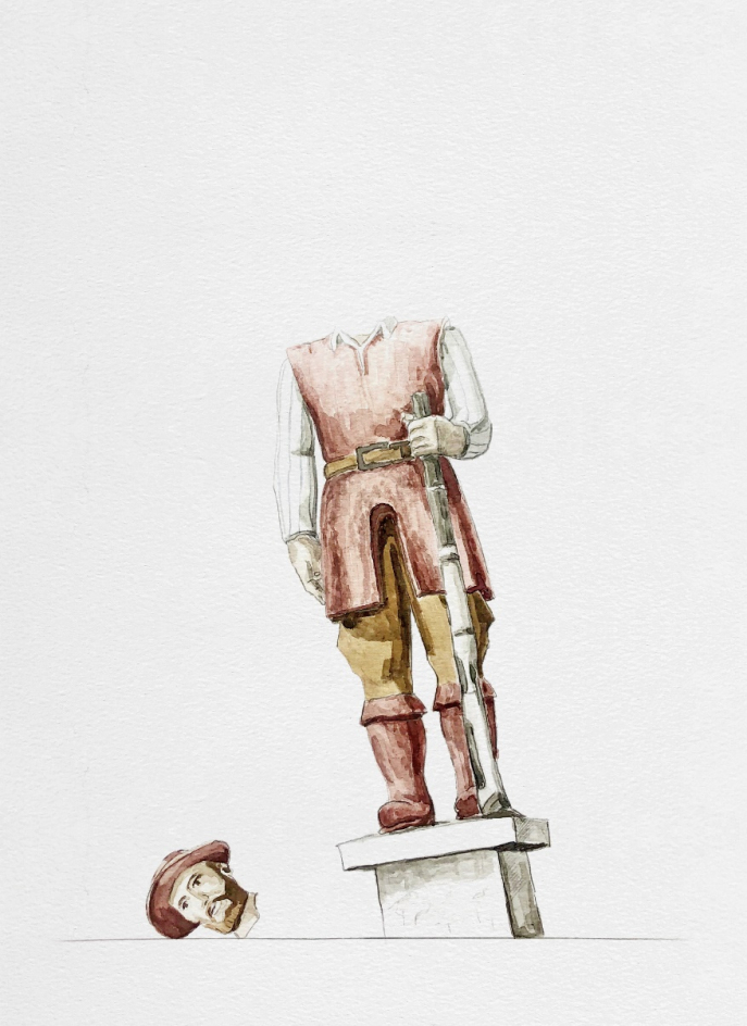 Estátua de Borba Gato, tombando e com a cabeça ao chão.