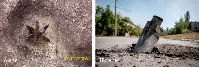 Munitions tirées non explosées dans l’Aisne (Première Guerre mondiale) et en Ukraine. Avec l’autorisation de Cardem-Pyro à gauche et Yasuyoshi Chiba/AFP à droite Munitions tirées non explosées dans l’Aisne (Première Guerre mondiale) et en Ukraine. Avec l’autorisation de Cardem-Pyro à gauche et Yasuyoshi Chiba/AFP à droite