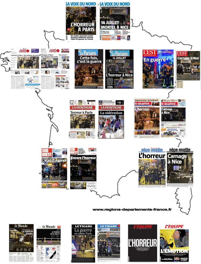 Figure 1. Unes de presse au lendemain des attentats du 13 novembre 2015 et du 14 juillet 2016.