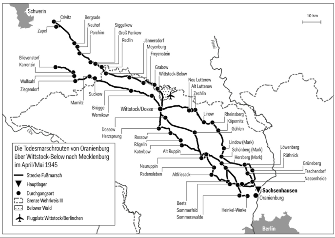Routes of the death march from Oranienburg to Wittstock – Below to Mecklenburg, April/Mai 1945.  © Janine Fubel and Jan Erler