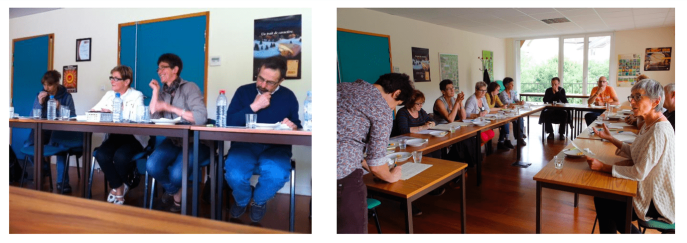 De gauche à droite : échange des membres du jury pendant la mise en condition, avec la participation de Shields-Argelès (© Claire Perrot) ; Claire Perrot commence le tour de table (© Thierry Petit).