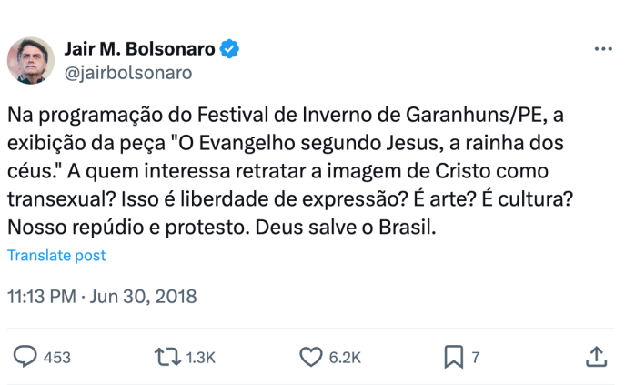 photo d'un twitt de jair Bolsonaro