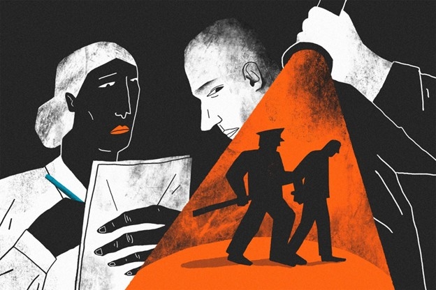 image en noir blanc et rouge dessinée montratre deux personnes noter sur un fichier le fait qu'un policier emmenne une personne menottée